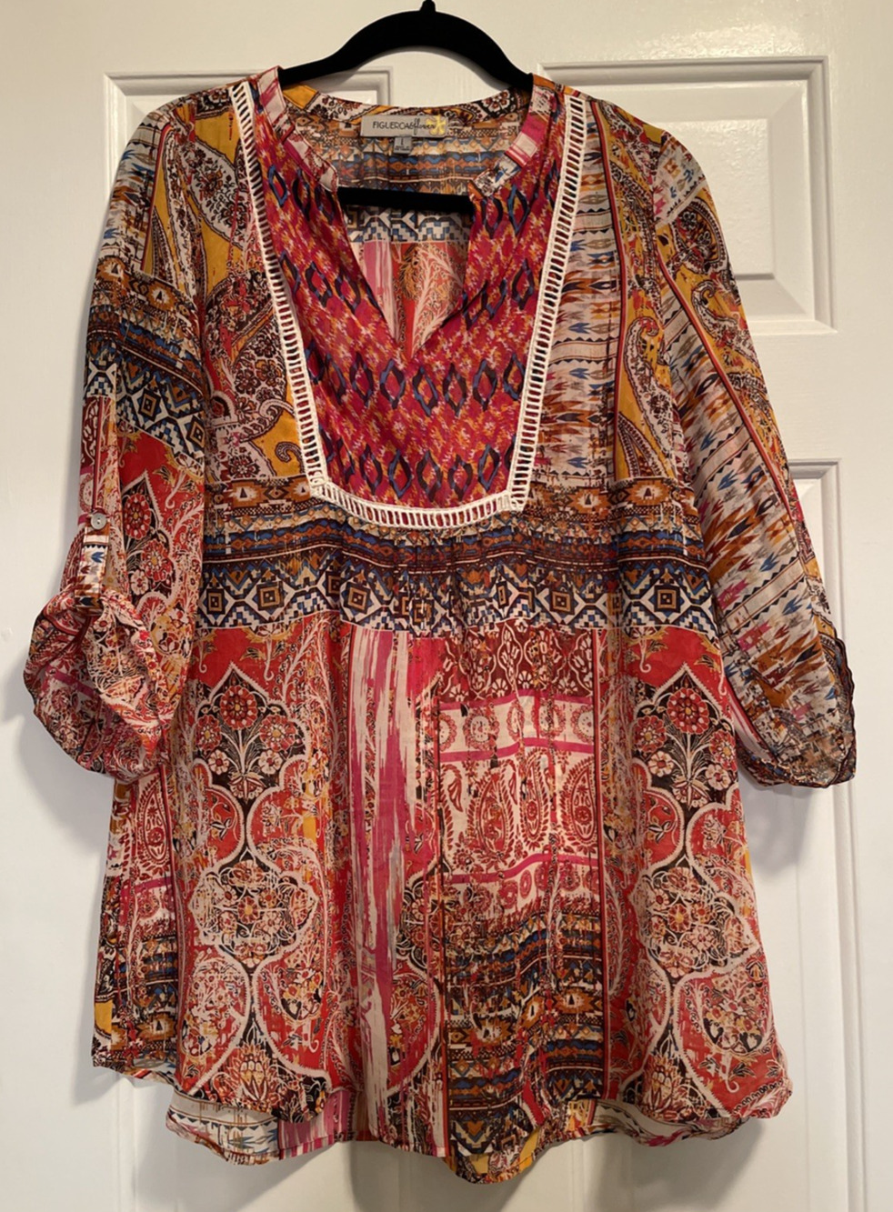 Figueroa & Flower Womens L Multicolor Boho Sheer Tunic Top Roll Tab Sleeve
